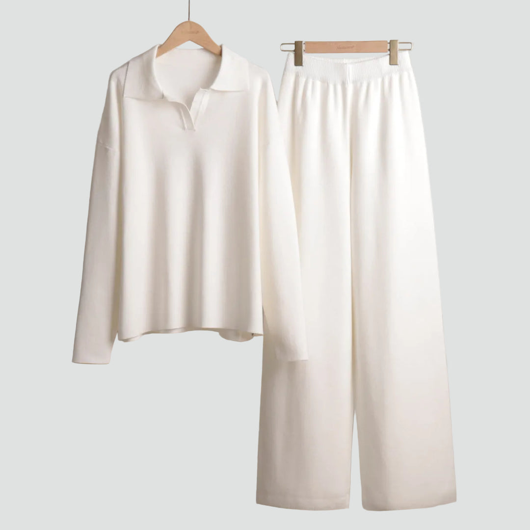 Wygodny dzianinowy damski co ord set sweter i szerokie spodnie