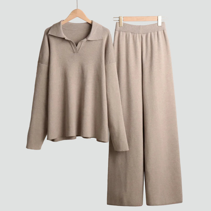 Wygodny dzianinowy damski co ord set sweter i szerokie spodnie