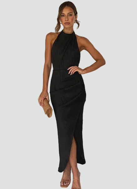 Elegancka sukienka koktajlowa midi halter z rozcięciem