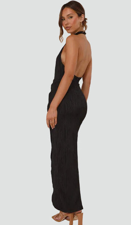 Elegancka sukienka koktajlowa midi halter z rozcięciem