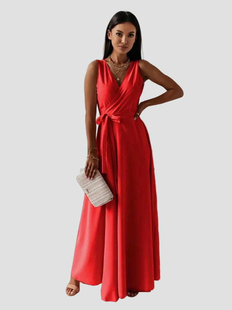 Maxi cocktail dress with a wrap neckline and tie