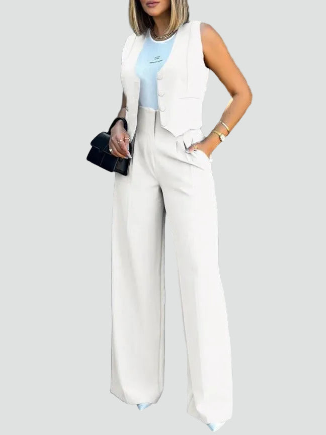 Damski garniturowy komplet z giletem i szerokimi spodniami