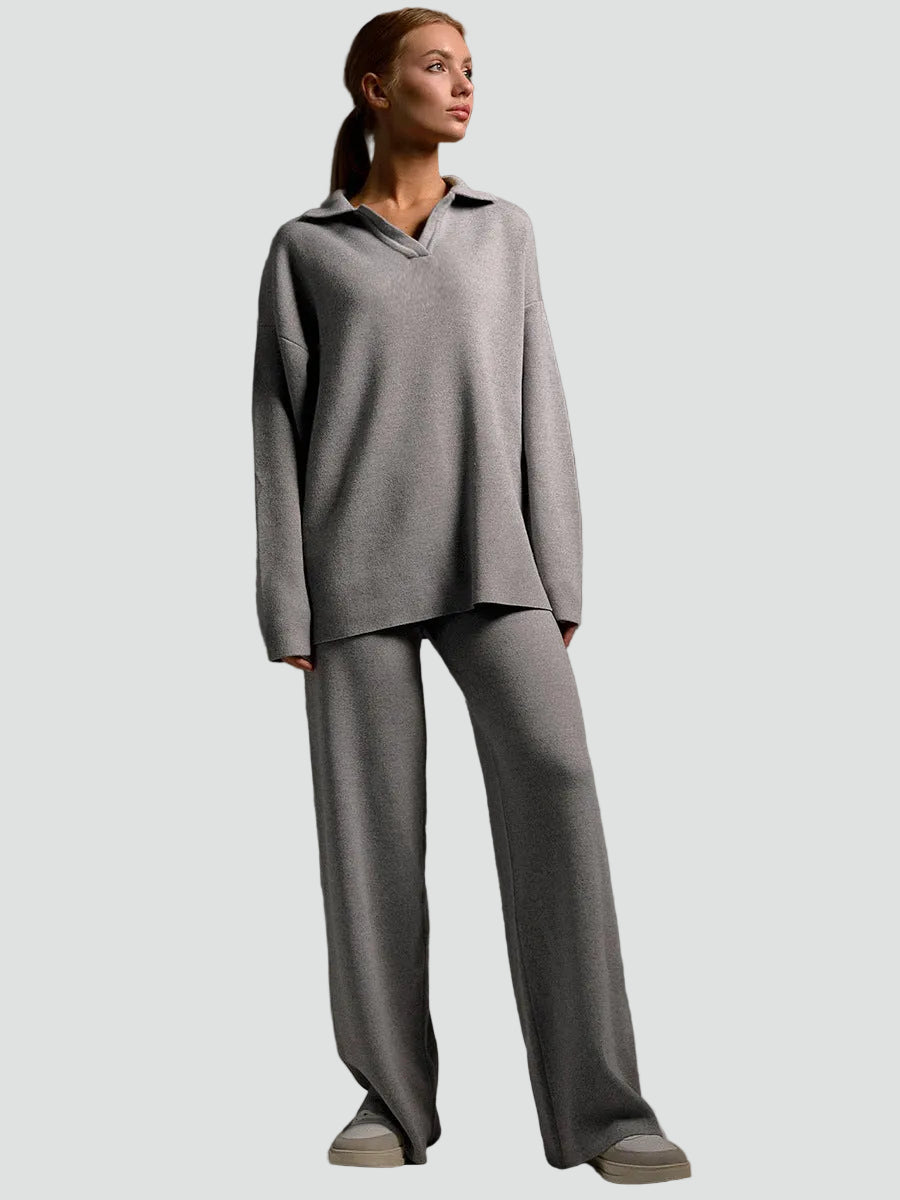 Wygodny dzianinowy damski co ord set sweter i szerokie spodnie