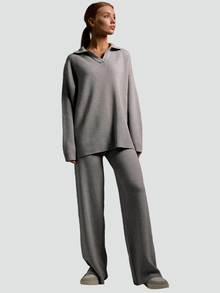 Wygodny dzianinowy damski co ord set sweter i szerokie spodnie