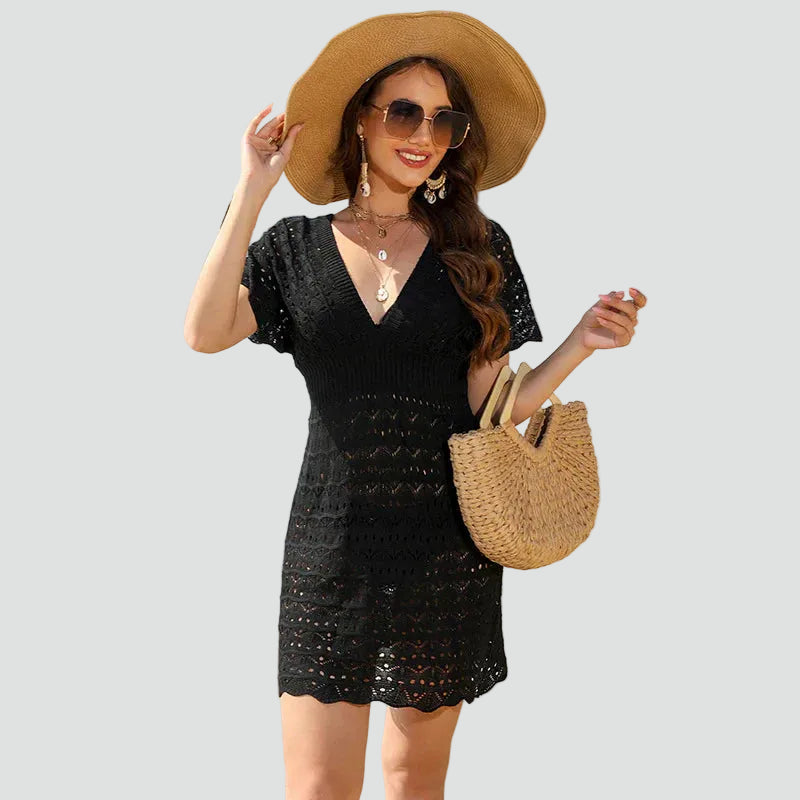 Letnia sukienka mini boho ażurowa z dekoltem V na plażę