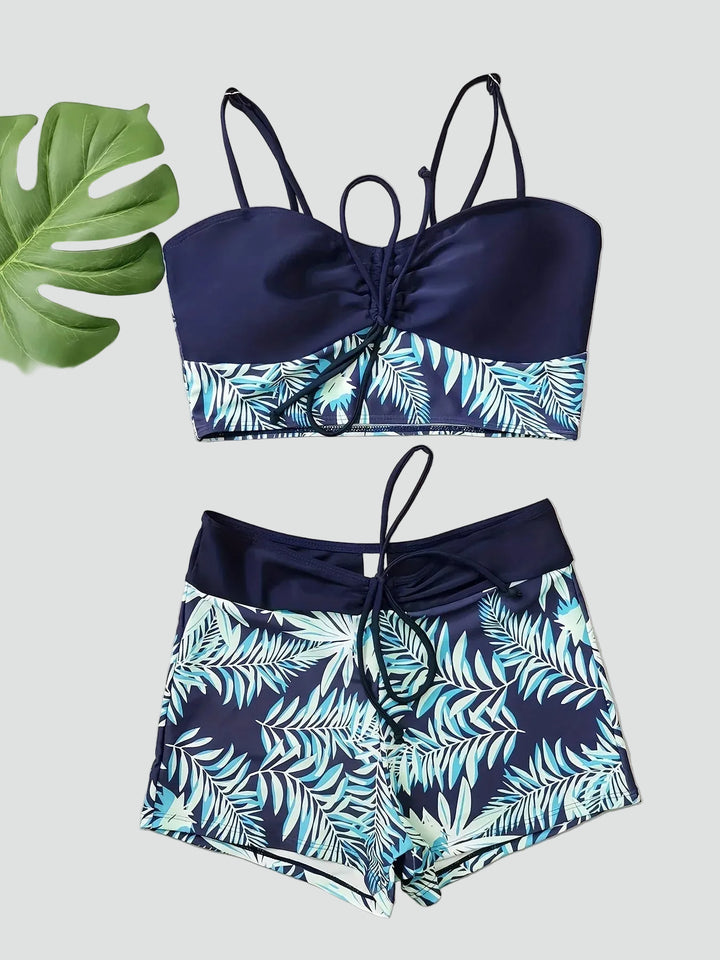 Women's sporty tankini with shorts and ruching on the bust