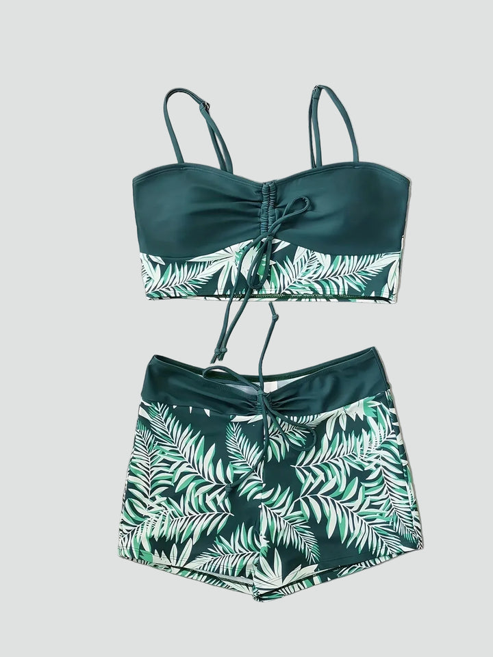 Women's sporty tankini with shorts and ruching on the bust