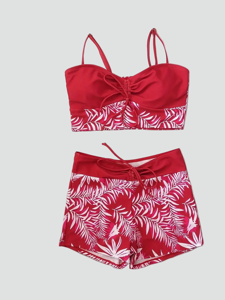 Women's sporty tankini with shorts and ruching on the bust