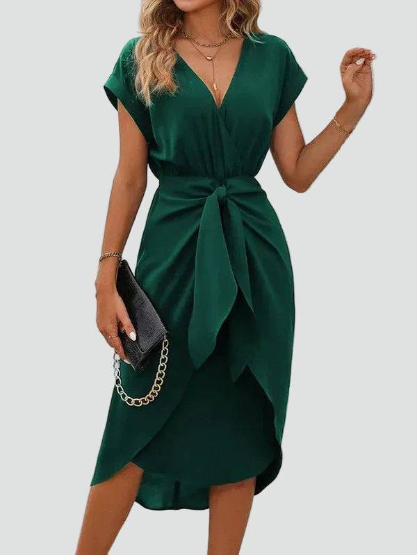 Green Elegant Midi Wrap Dress with Waist Tie