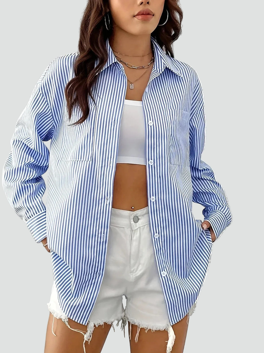 Blue Loose Oversized Cotton Striped Shirt for Everyday Wear