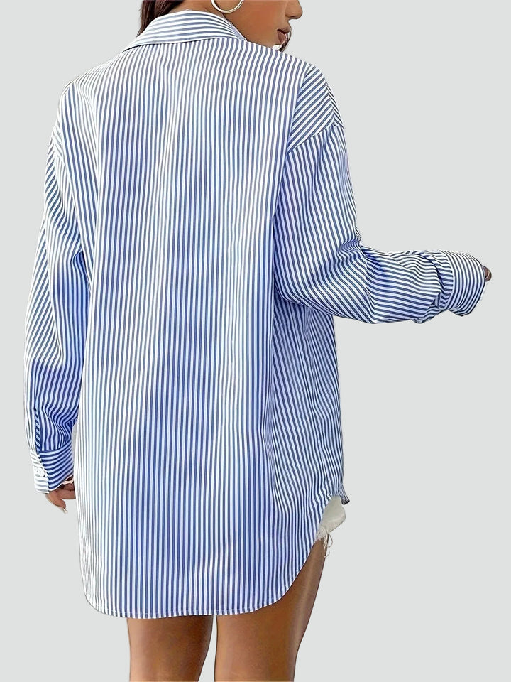 Blue Loose Oversized Cotton Striped Shirt for Everyday Wear