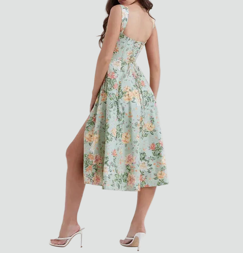 Women's floral midi dress with corset top and slit
