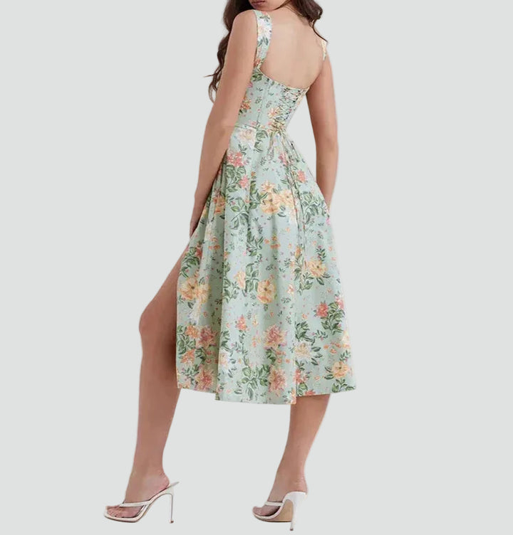 Women's floral midi dress with corset top and slit