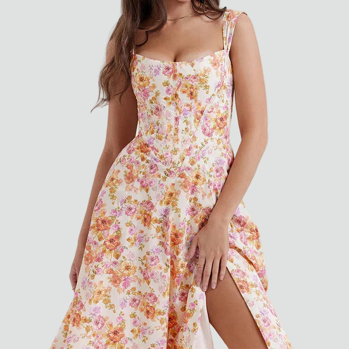 Women's floral midi dress with corset top and slit