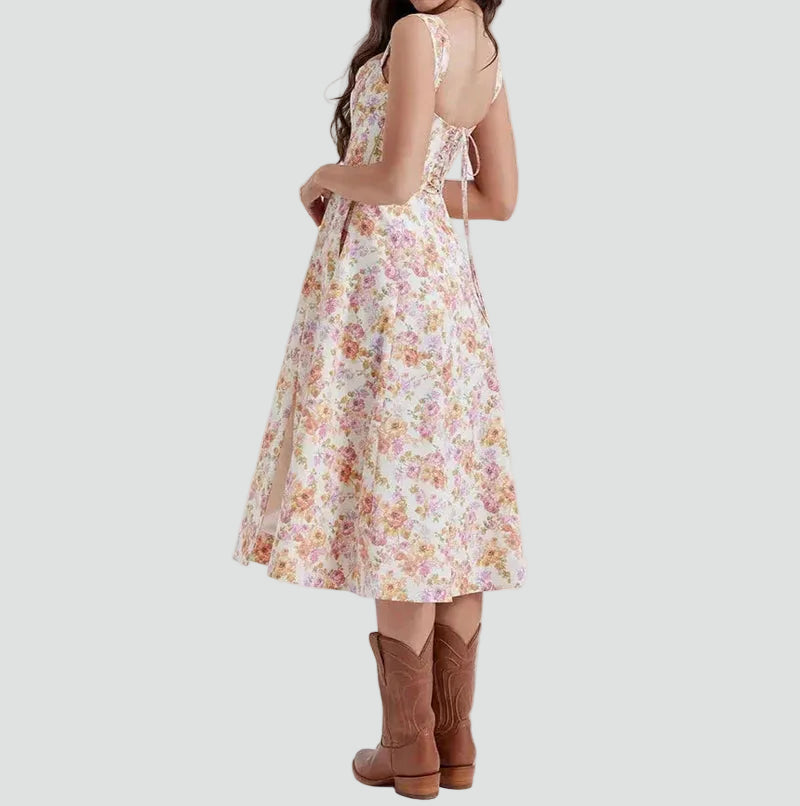 Women's floral midi dress with corset top and slit