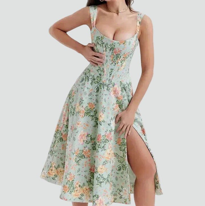 Women's floral midi dress with corset top and slit