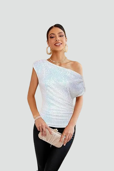 Fitted one-shoulder women's party blouse with shimmer