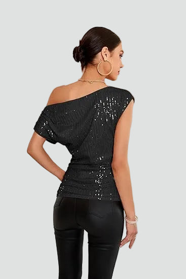 Fitted one-shoulder women's party blouse with shimmer