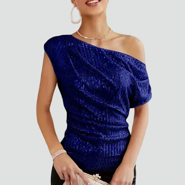 Fitted one-shoulder women's party blouse with shimmer