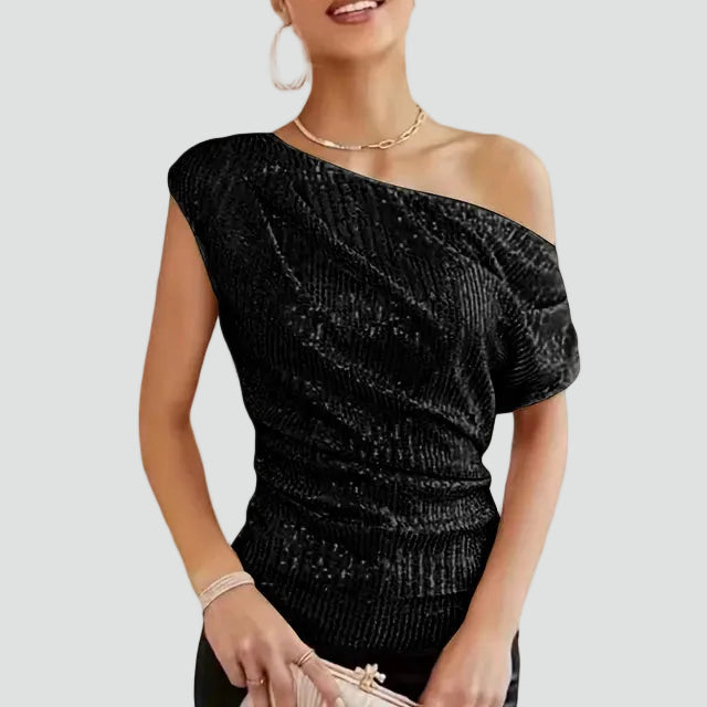 Fitted one-shoulder women's party blouse with shimmer