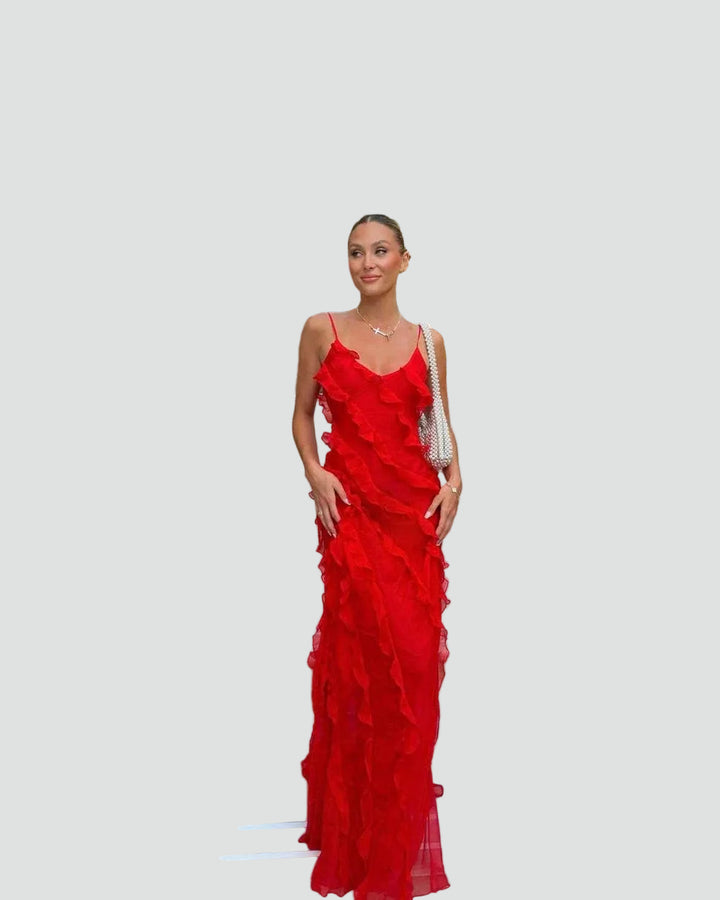 Elegant maxi cocktail dress with straps and ruffles