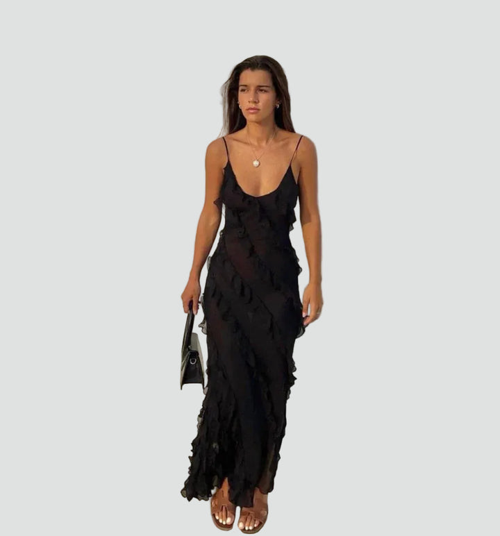 Elegant maxi cocktail dress with straps and ruffles