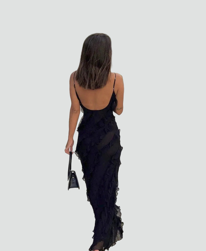 Elegant maxi cocktail dress with straps and ruffles