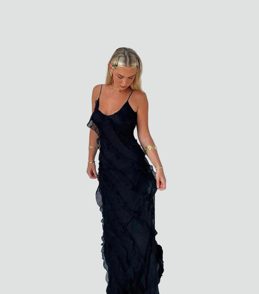 Elegant maxi cocktail dress with straps and ruffles