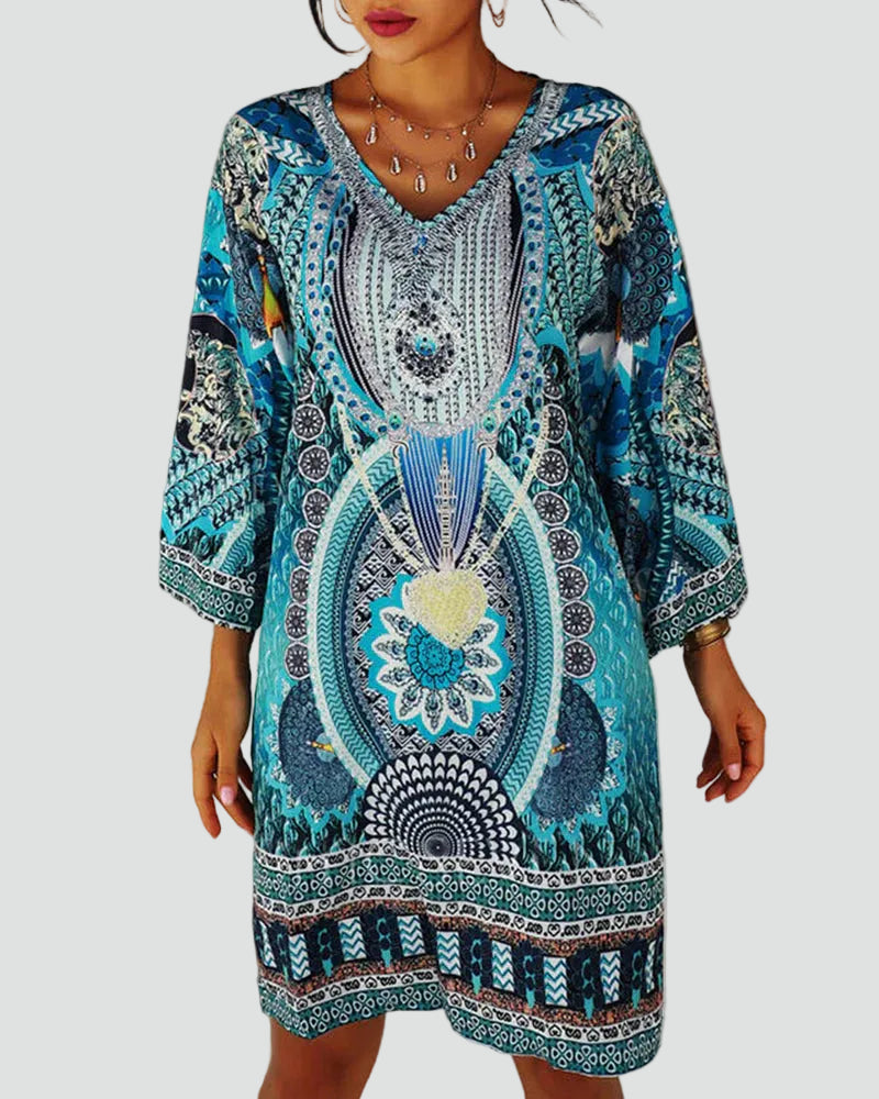 Blue women's beach tunic boho with ethnic patterns