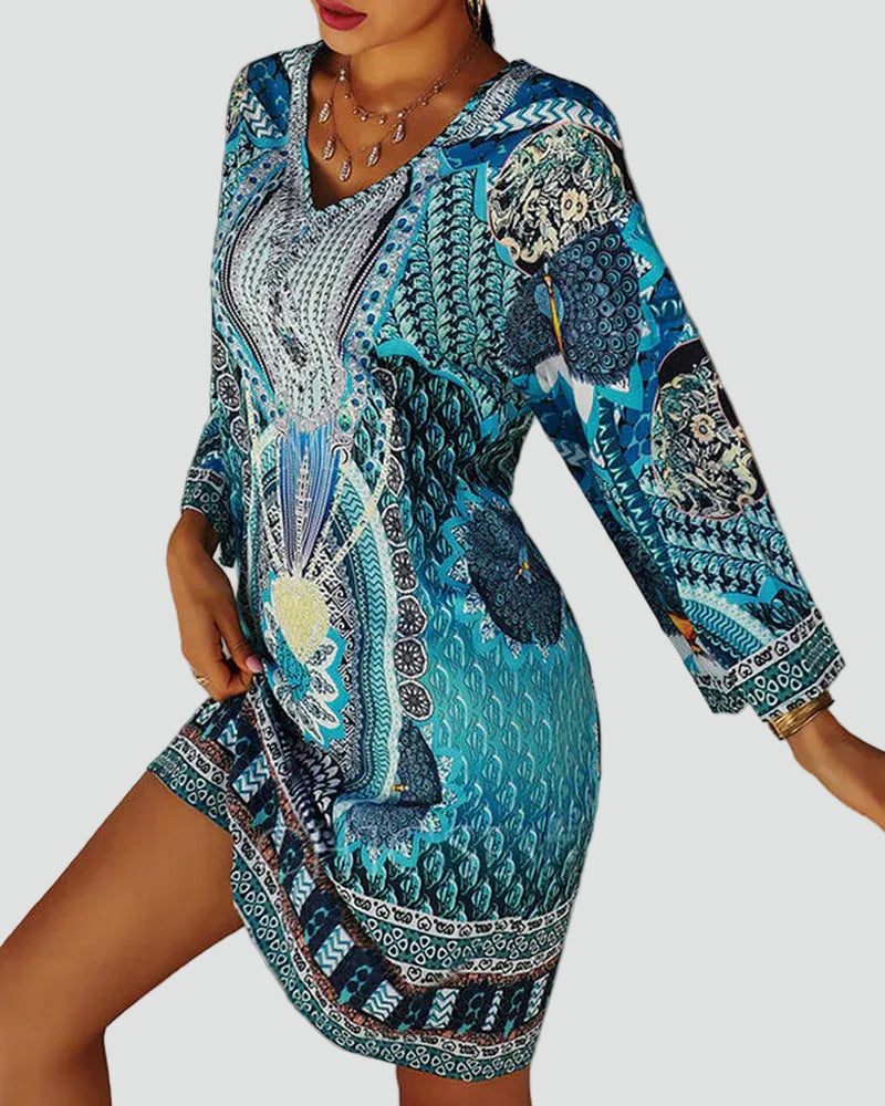 Blue women's beach tunic boho with ethnic patterns