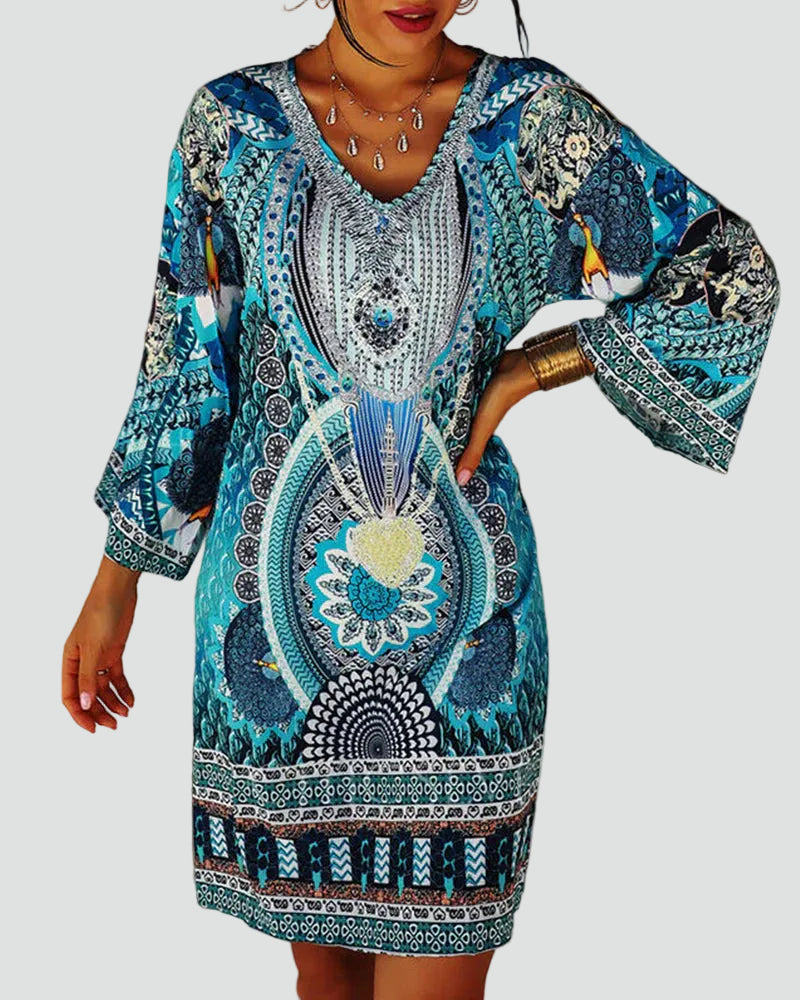 Blue women's beach tunic boho with ethnic patterns