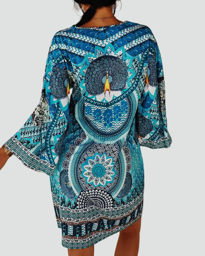 Blue women's beach tunic boho with ethnic patterns