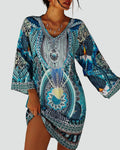 Blue women's beach tunic boho with ethnic patterns