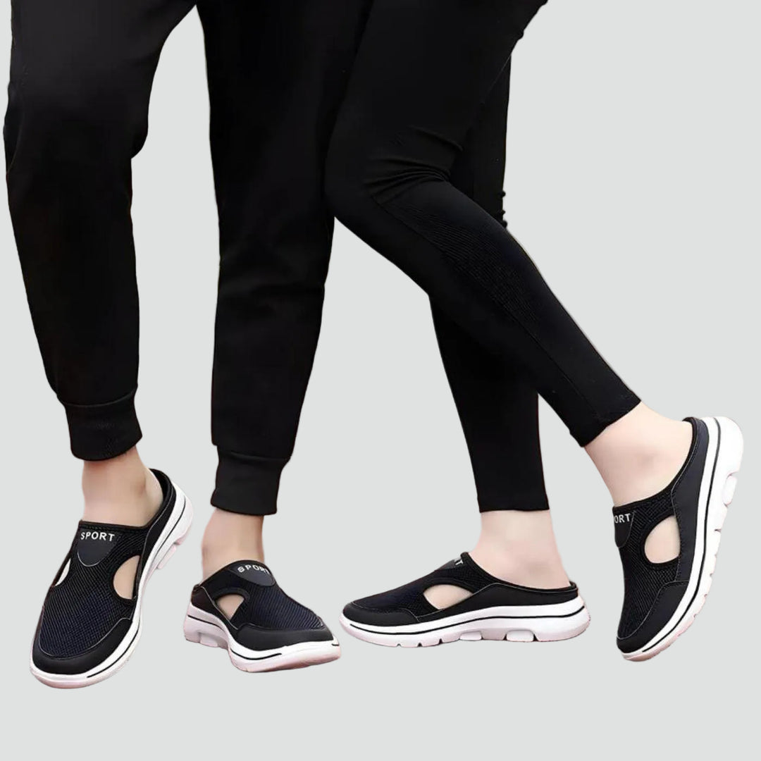 Slip-on sports shoes with mesh and open heel