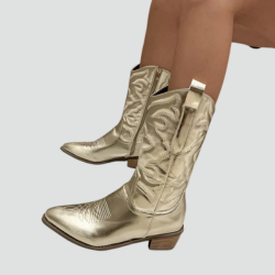 Women's knee-high cowboy boots with block heel, embroidery, and zipper western style