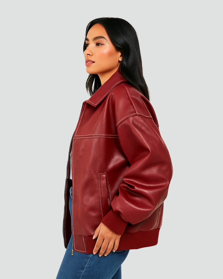 Oversize damska kurtka bomberka z ekoskóry na zamek