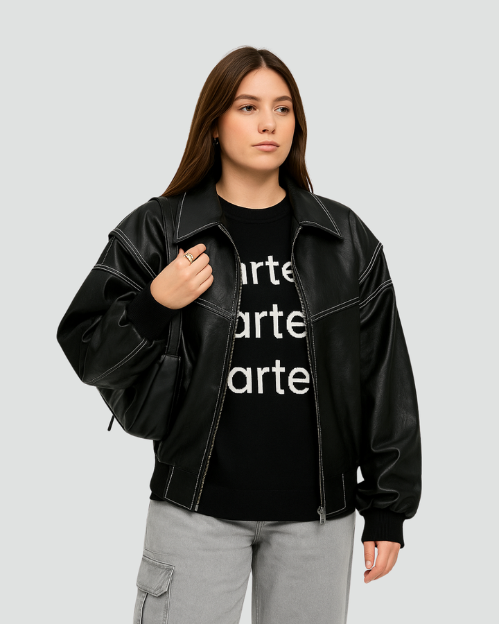 Oversize damska kurtka bomberka z ekoskóry na zamek