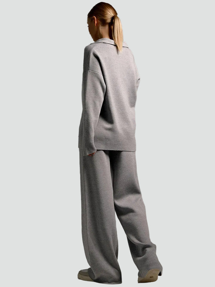 Wygodny dzianinowy damski co ord set sweter i szerokie spodnie