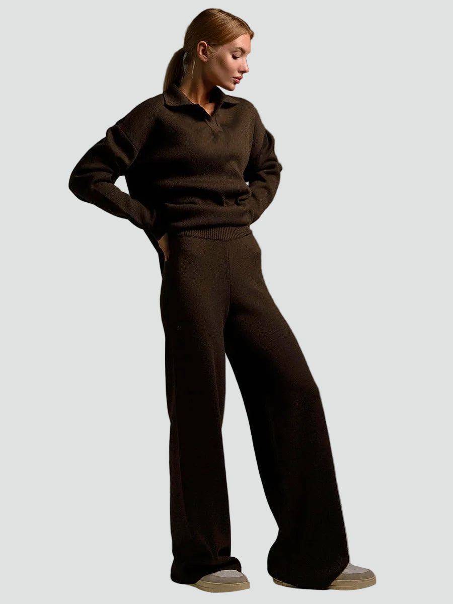 Wygodny dzianinowy damski co ord set sweter i szerokie spodnie
