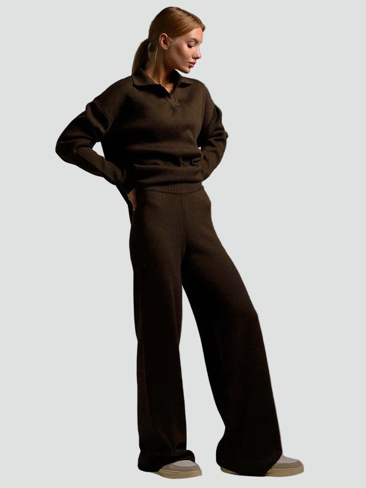 Wygodny dzianinowy damski co ord set sweter i szerokie spodnie