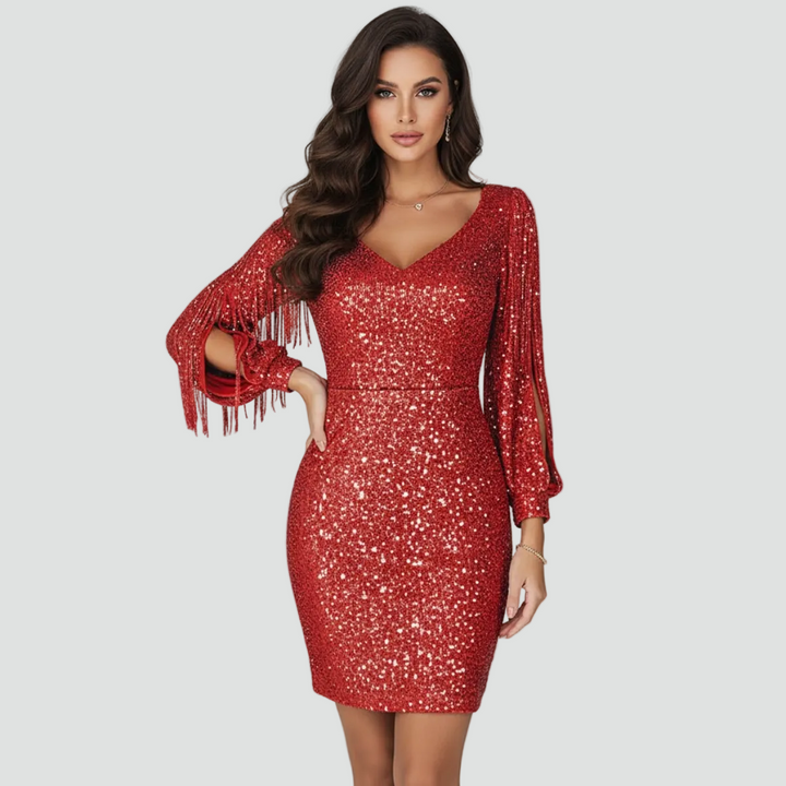 Women's mini party sequin dress with fringe on sleeves