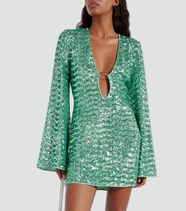 Efektowna damska sukienka mini koktajlowa z cekinami i dekoltem V