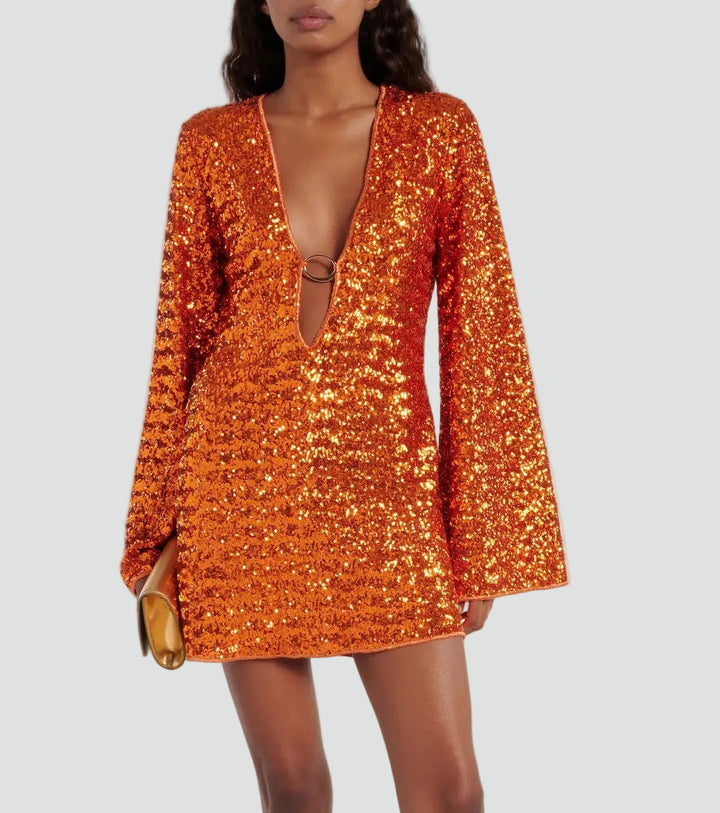 Efektowna damska sukienka mini koktajlowa z cekinami i dekoltem V