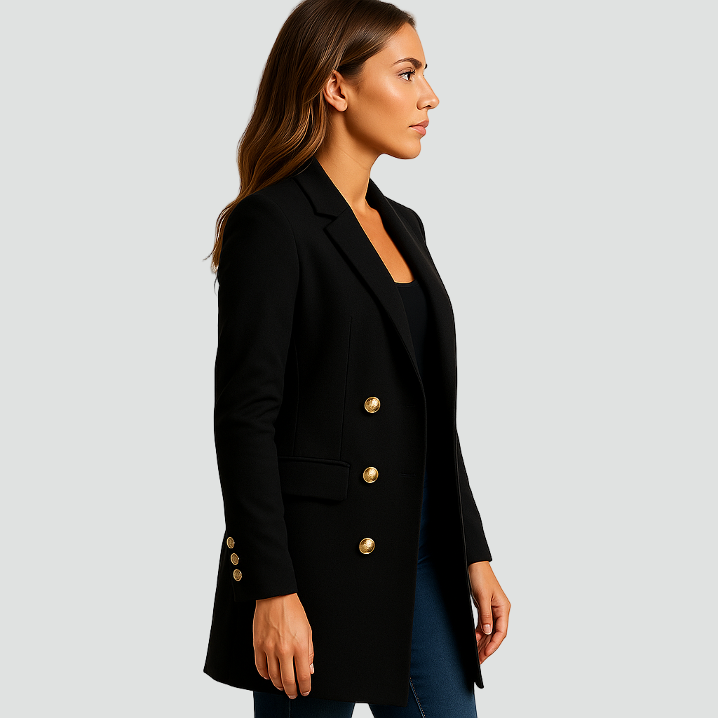 Płaszcz dwurzędowy damski z ozdobnymi guzikami elegancki