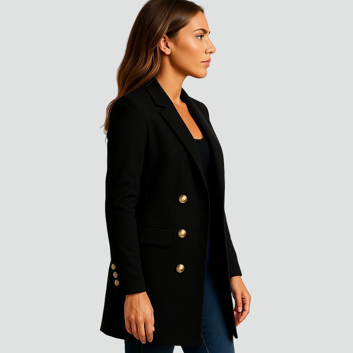 Płaszcz dwurzędowy damski z ozdobnymi guzikami elegancki