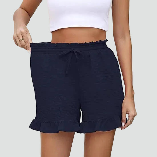 Comfortable summer shorts with ruffles and a waist tie