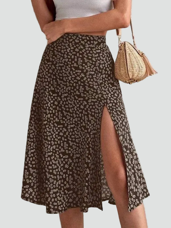 Summer midi skirt with floral print, high waist, and slit