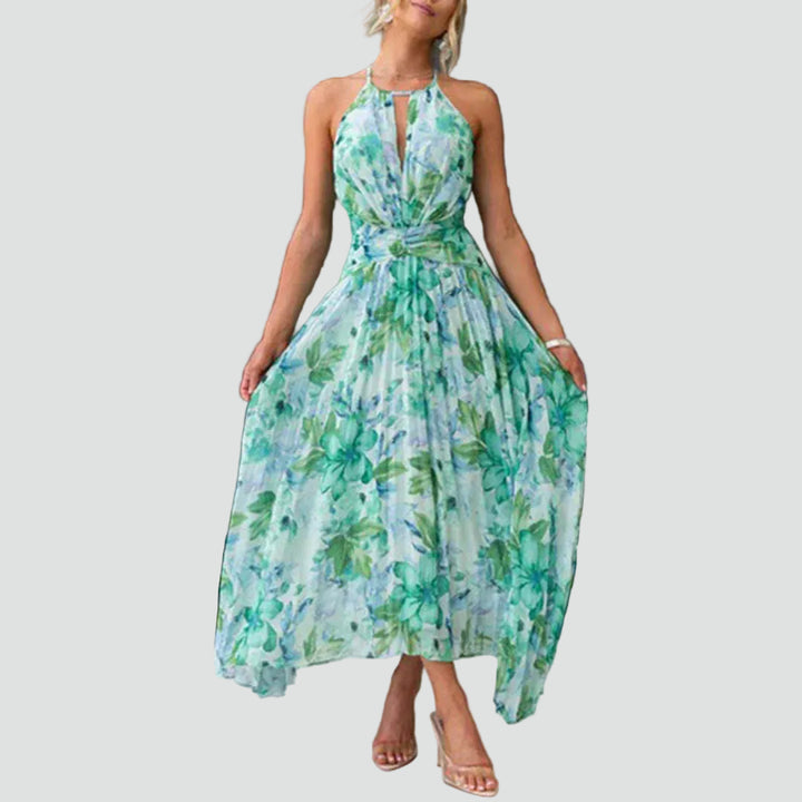 Maxi floral dress with neck tie and pleated hem