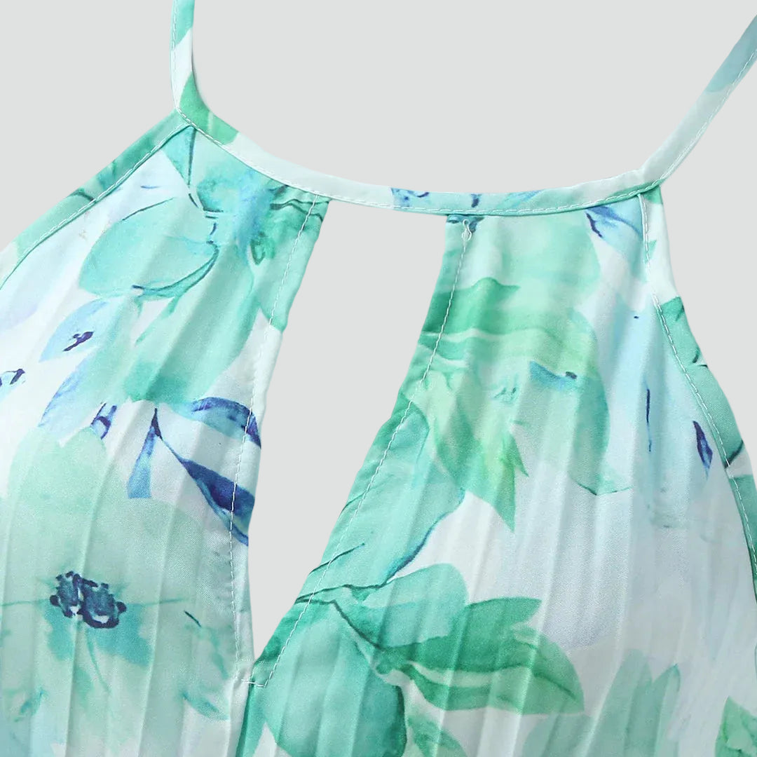 Maxi floral dress with neck tie and pleated hem