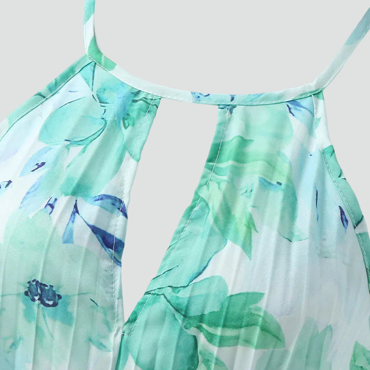 Maxi floral dress with neck tie and pleated hem